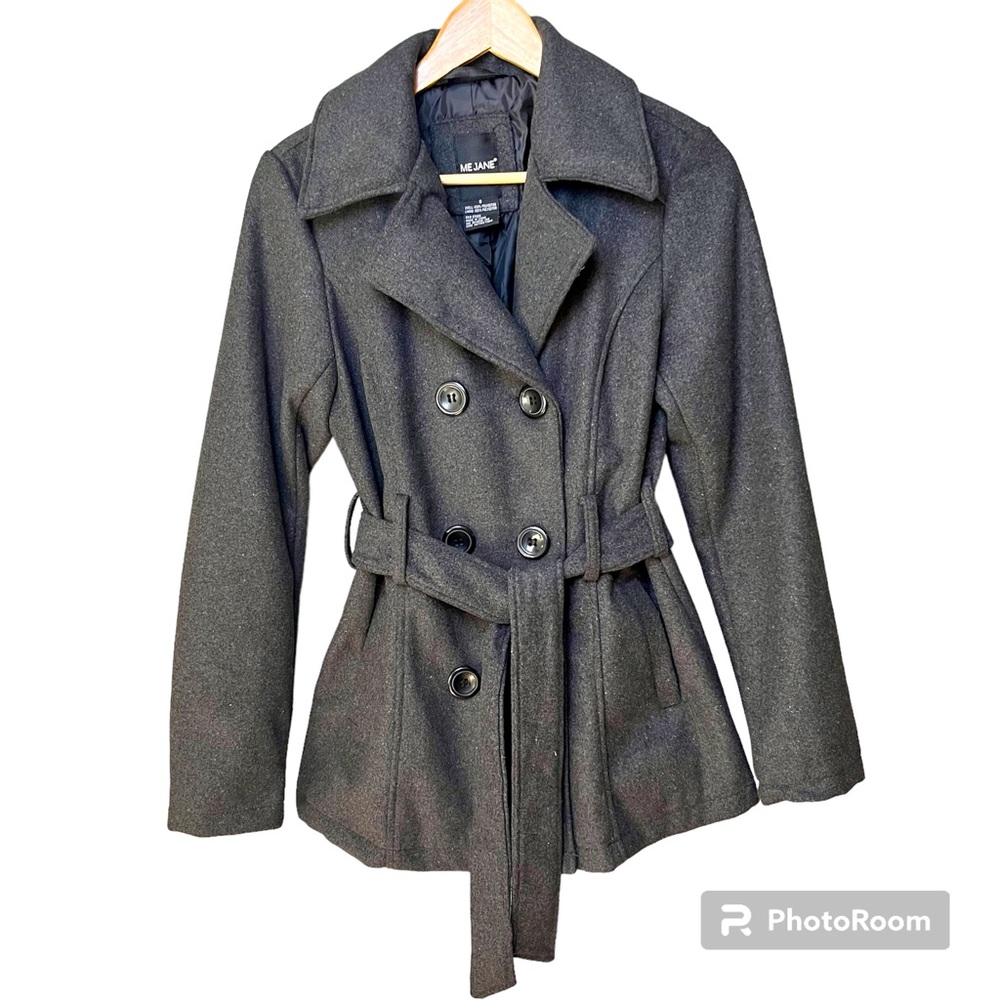 Me Jane Womens Small Pea Coat Gray Belted Winter Fall Jacket
